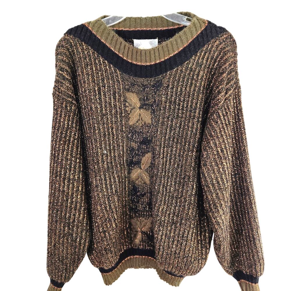 Joyce Women's Sweater Medium M Brown Embroider Top Misses Size 8 10 Long Sleeves
